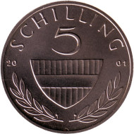 Монета 5 шиллингов. 2001 год, Австрия. Всадник. Монета 5 шиллингов. 2001 год, Австрия. Всадник.