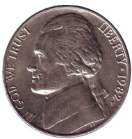 Монета 5 центов. 1982 год (P), США. Джефферсон. Монтичелло. Монета 5 центов. 1982 год (P), США. Джефферсон. Монтичелло.