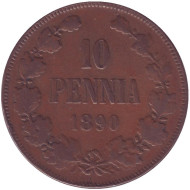 Монета 10 пенни. 1890 год, Финляндия в составе Российской Империи. Монета 10 пенни. 1890 год, Финляндия в составе Российской Империи.