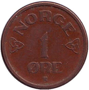 Монета 1 эре. 1954 год, Норвегия.