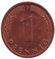 Монета 1 пфенниг. 1975 год (D), ФРГ. Дубовые листья. Монета 1 пфенниг. 1975 год (D), ФРГ. Дубовые листья.
