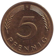 Монета 5 пфеннигов. 1982 год (F), ФРГ. Дубовые листья. Монета 5 пфеннигов. 1982 год (F), ФРГ. Дубовые листья.