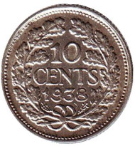 Монета 10 центов. 1938 год, Нидерланды. Монета 10 центов. 1938 год, Нидерланды.