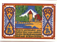 Башня в Оснабрюке. Нотгельд Оснабрюка. 50 пфеннигов. 1921 год, Веймарская республика (Германия). Башня в Оснабрюке. Нотгельд Оснабрюка. 50 пфеннигов. 1921 год, Веймарская республика (Германия).