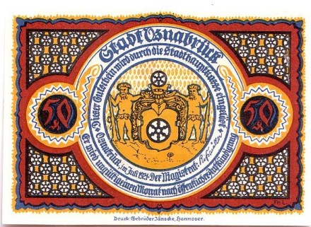Башня в Оснабрюке. Нотгельд Оснабрюка. 50 пфеннигов. 1921 год, Веймарская республика (Германия).