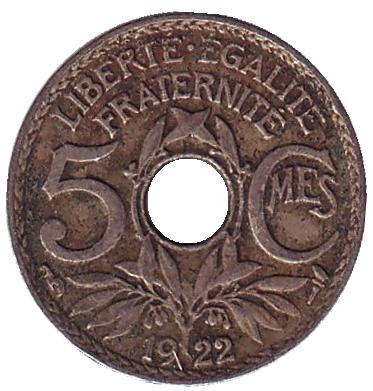Монета 5 сантимов. 1922 год, Франция. (рог изобилия).