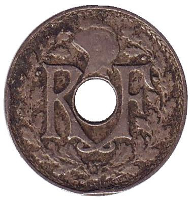 Монета 5 сантимов. 1922 год, Франция. (рог изобилия).