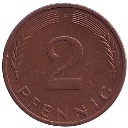 Монета 2 пфеннига. 1972 год (F), ФРГ. Дубовые листья.