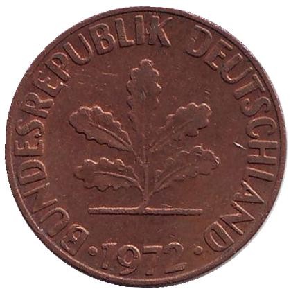 Монета 2 пфеннига. 1972 год (F), ФРГ. Дубовые листья. Монета 2 пфеннига. 1972 год (F), ФРГ. Дубовые листья.