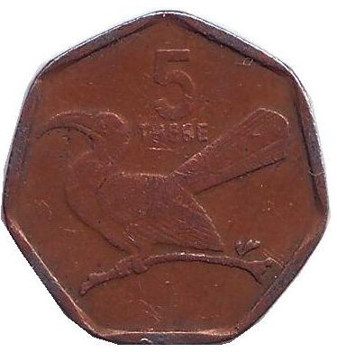 Монета 5 тхебе. 1998 год, Ботсвана. Птица-носорог.