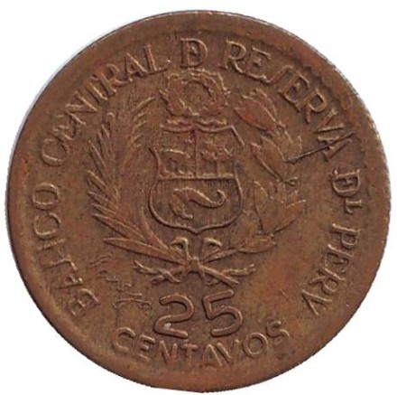 Монета 25 сентаво. 1965 год, Перу. 400 лет открытию Монетного двора Лимы. Монета 25 сентаво. 1965 год, Перу. 400 лет открытию Монетного двора Лимы.